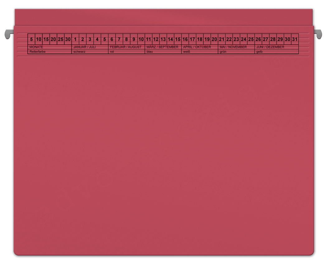 Kanzlei-Hängehefter mit Hängeschiene für die vertikal hängende Ablage Kanzlei-Hängehefter mit Hängeschiene für die vertikal hängende Ablage, hier Beispiel in rot