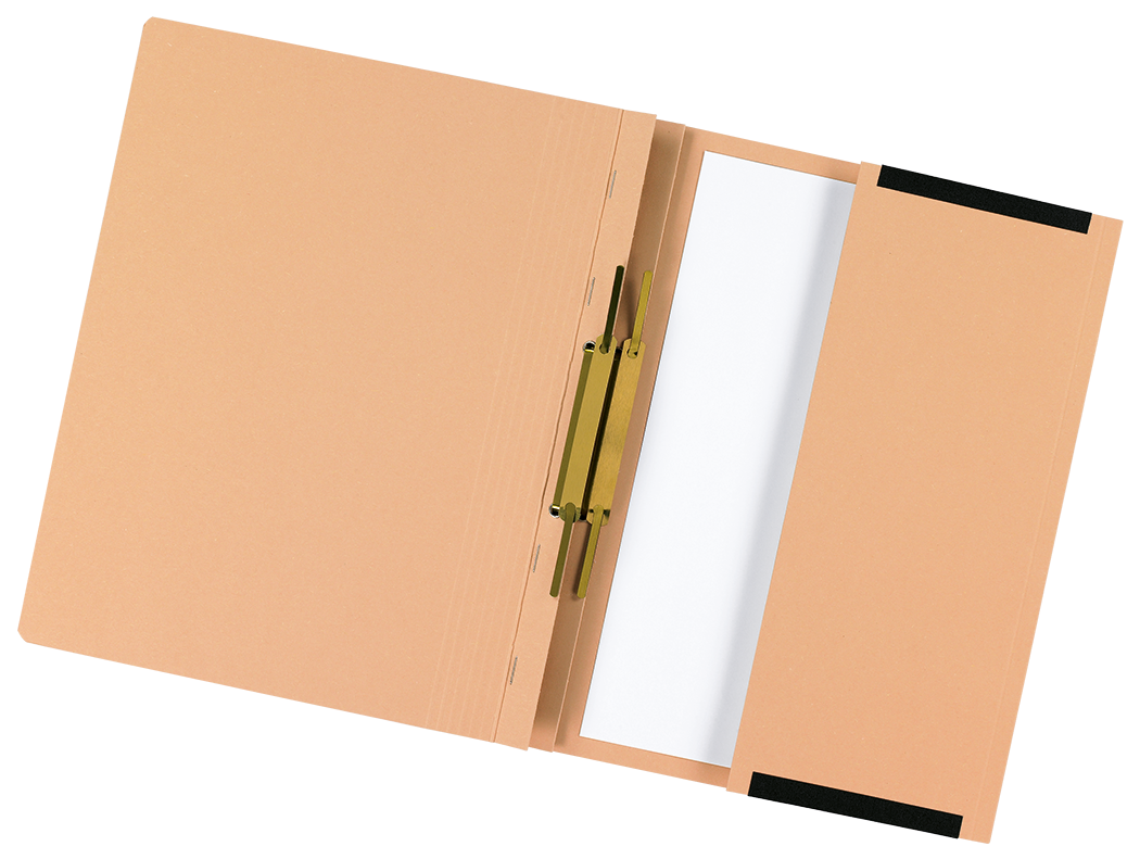 Kanzleihefter mit integrierter Tasche am Rückdeckel, für ungelochte Dokumente (hier als Zweifalzhefter, mit 2 Abheftvorrichtungen aus Metall)